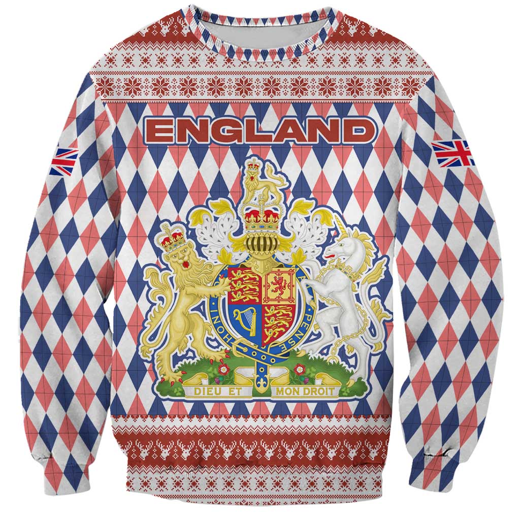 England Christmas Sweatshirt with Red Blue White Diamond Pattern Santa and Coat of Arms - Wonder Print Shop