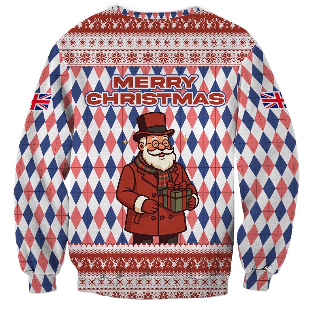 England Christmas Sweatshirt with Red Blue White Diamond Pattern Santa and Coat of Arms - Wonder Print Shop