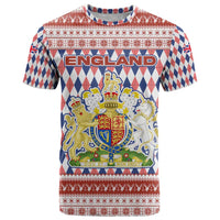 England Christmas T Shirt with Red Blue White Diamond Pattern Santa and Coat of Arms - Wonder Print Shop