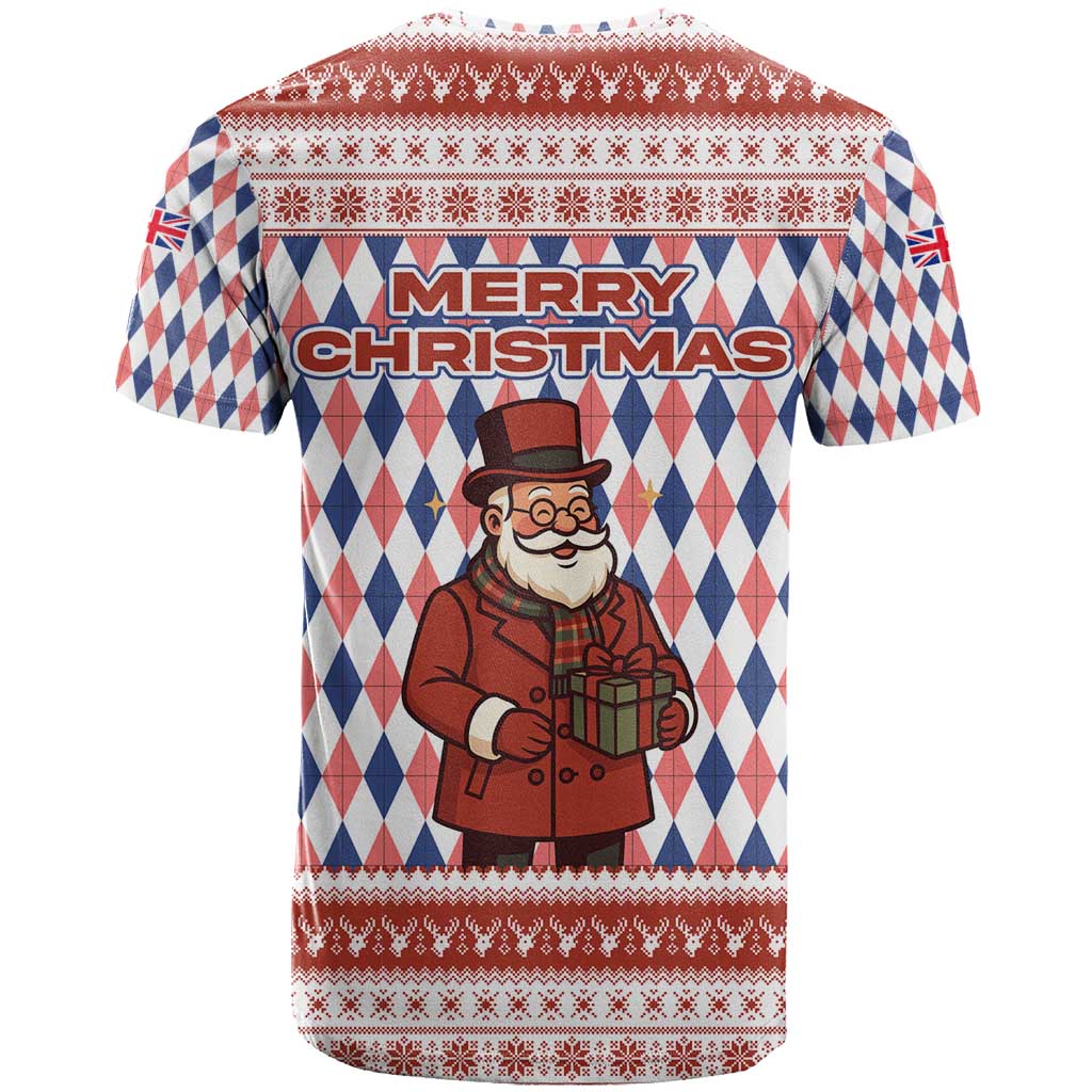 England Christmas T Shirt with Red Blue White Diamond Pattern Santa and Coat of Arms - Wonder Print Shop