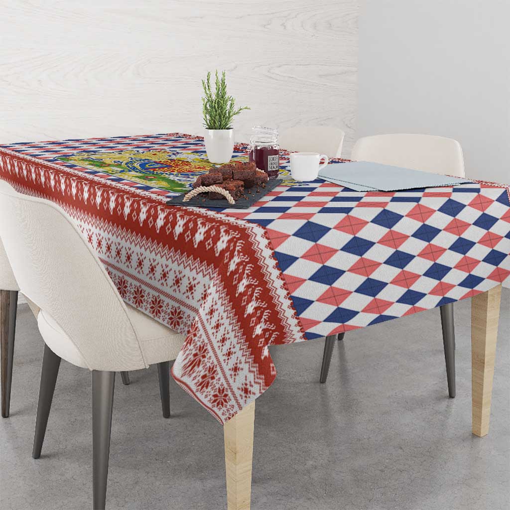 England Christmas Tablecloth with Red Blue White Diamond Pattern Santa and Coat of Arms - Wonder Print Shop