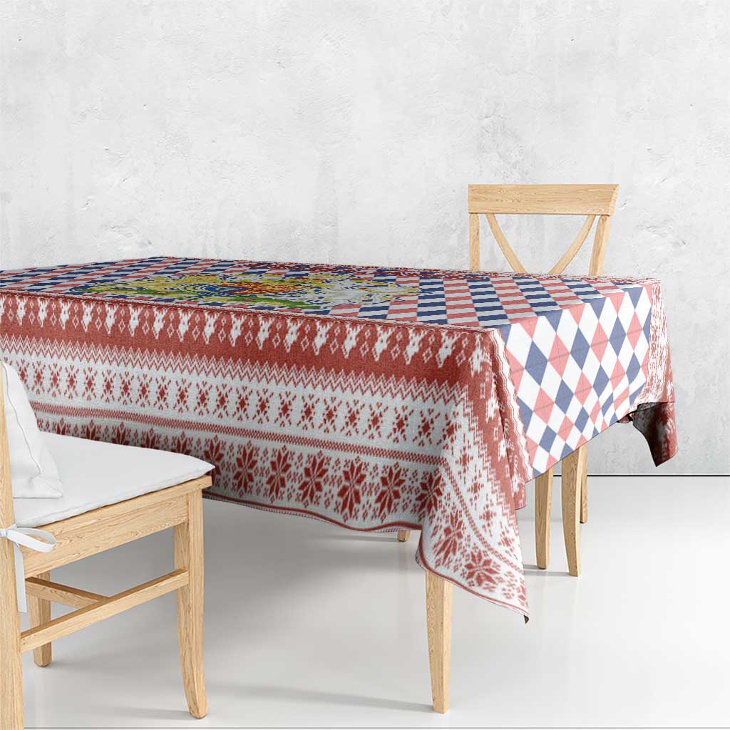 England Christmas Tablecloth with Red Blue White Diamond Pattern Santa and Coat of Arms - Wonder Print Shop