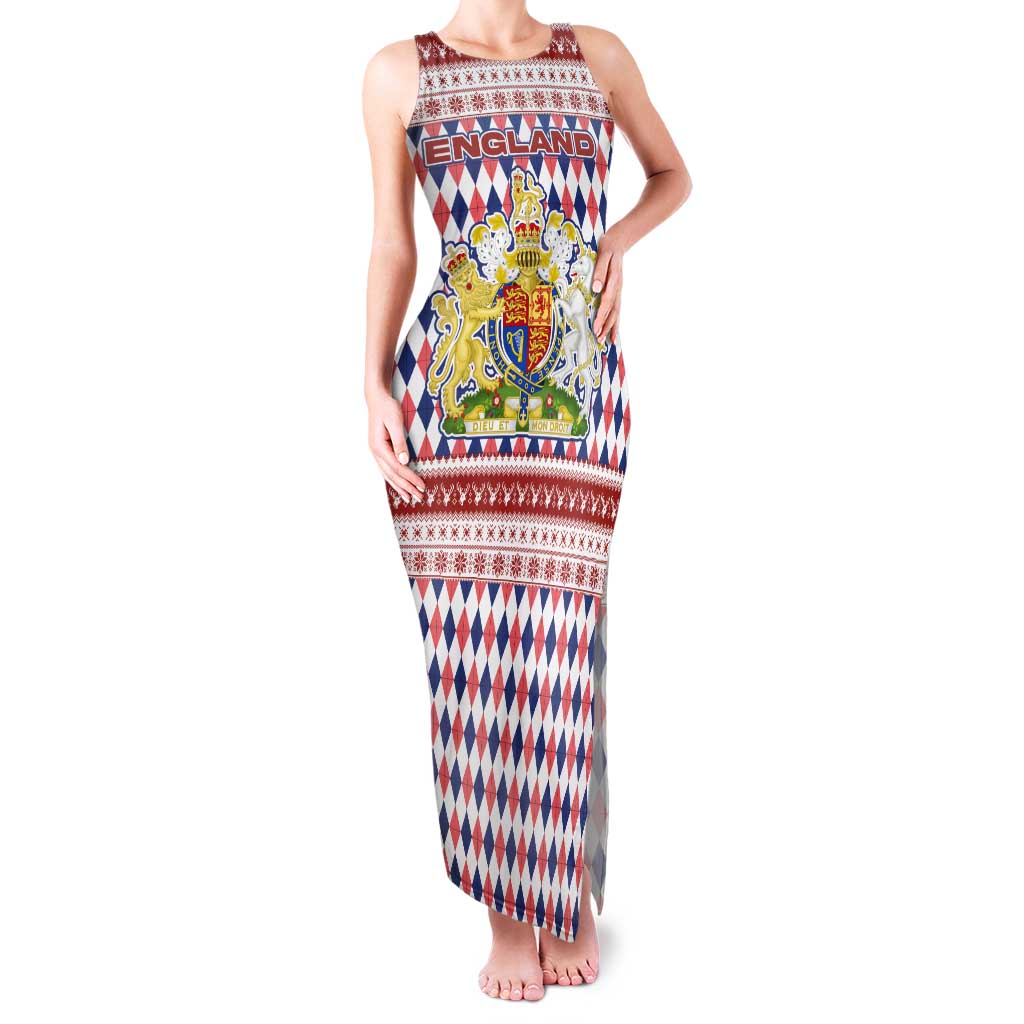 England Christmas Tank Maxi Dress with Red Blue White Diamond Pattern Santa and Coat of Arms - Wonder Print Shop
