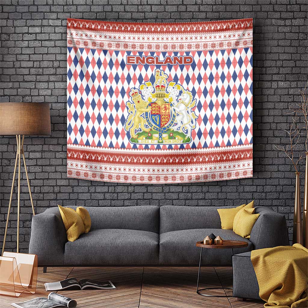 England Christmas Tapestry with Red Blue White Diamond Pattern Santa and Coat of Arms - Wonder Print Shop