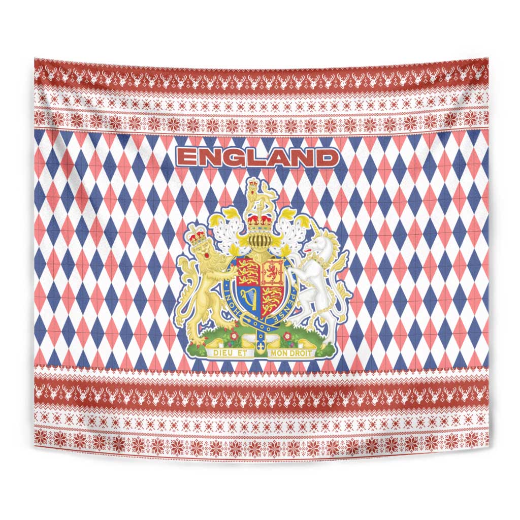 England Christmas Tapestry with Red Blue White Diamond Pattern Santa and Coat of Arms - Wonder Print Shop
