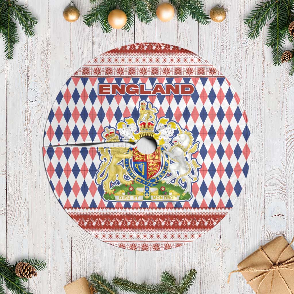England Christmas Tree Skirt with Red Blue White Diamond Pattern Santa and Coat of Arms - Wonder Print Shop