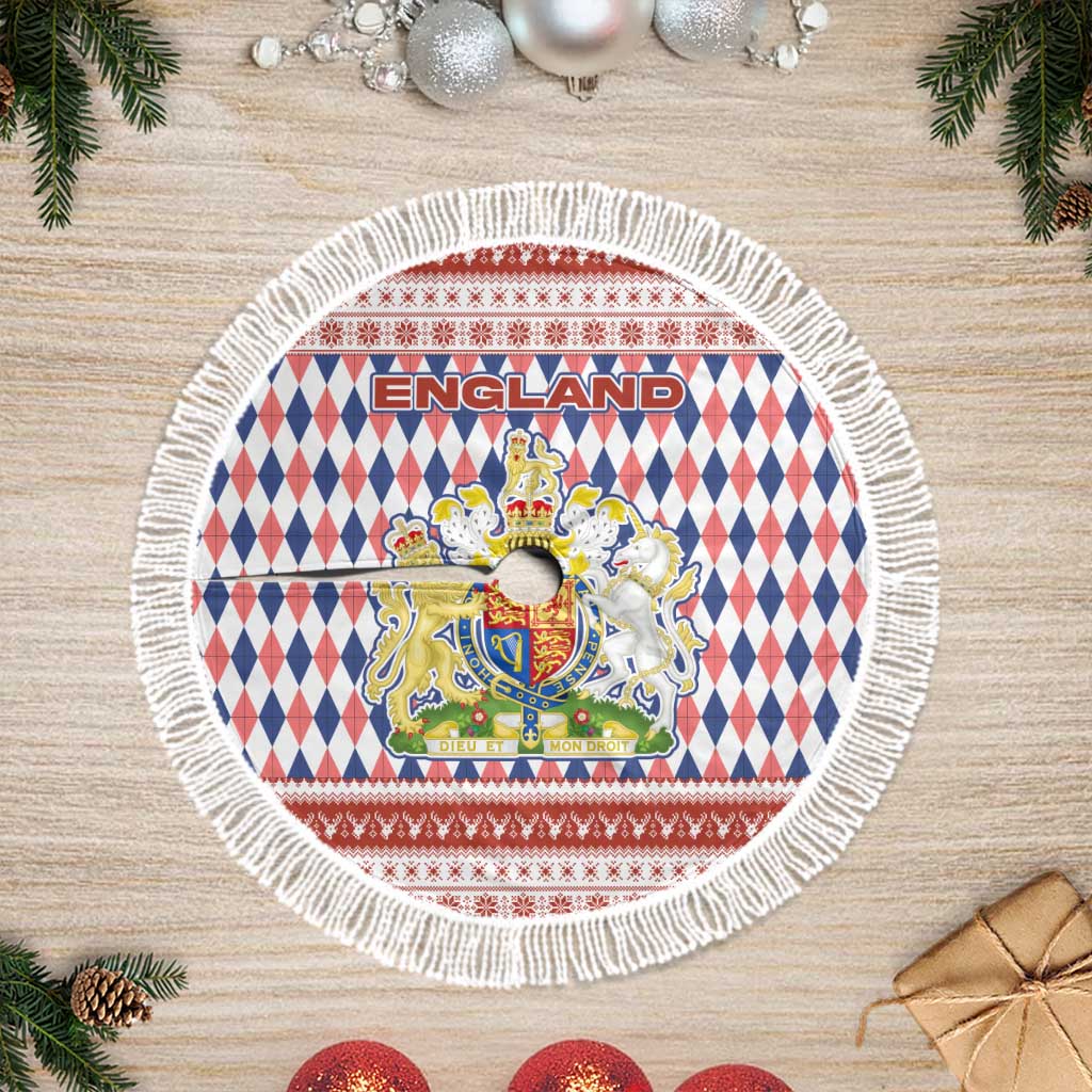 England Christmas Tree Skirt with Red Blue White Diamond Pattern Santa and Coat of Arms - Wonder Print Shop