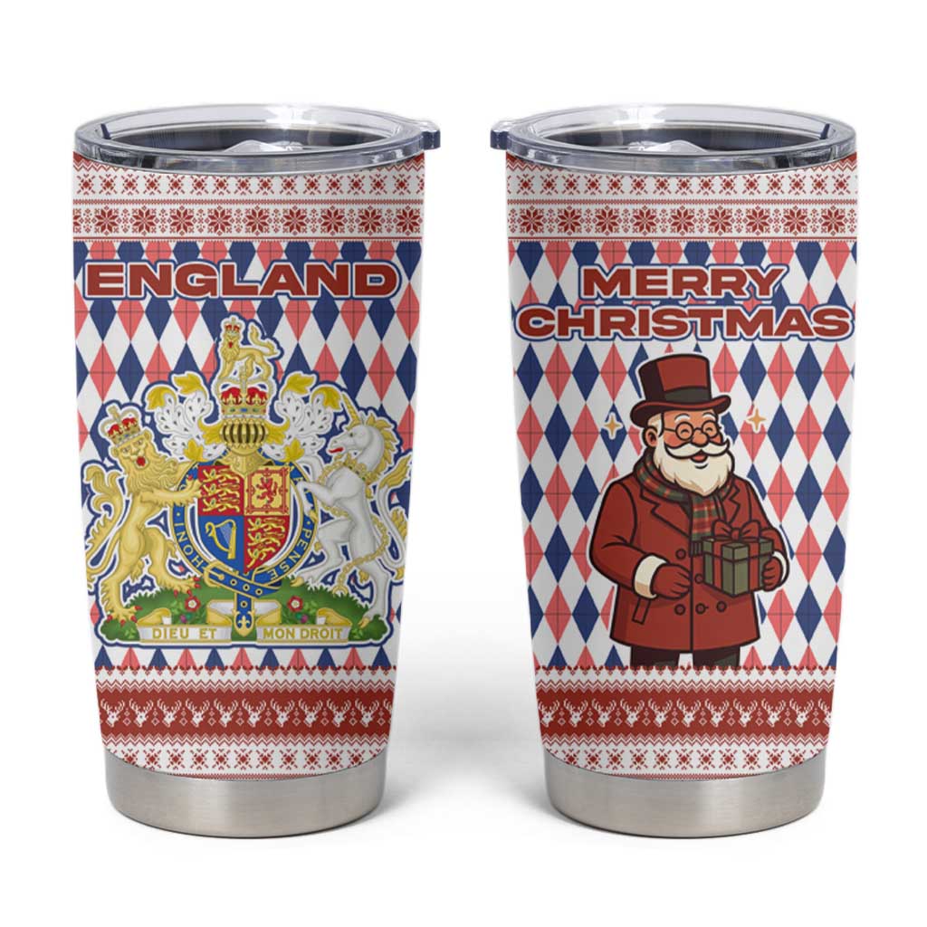 England Christmas Tumbler Cup with Red Blue White Diamond Pattern Santa and Coat of Arms - Wonder Print Shop