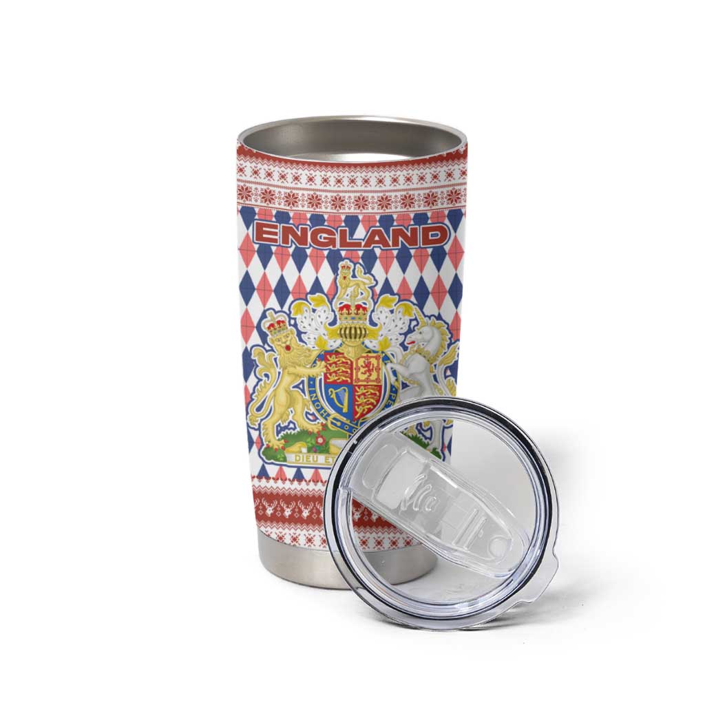 England Christmas Tumbler Cup with Red Blue White Diamond Pattern Santa and Coat of Arms - Wonder Print Shop
