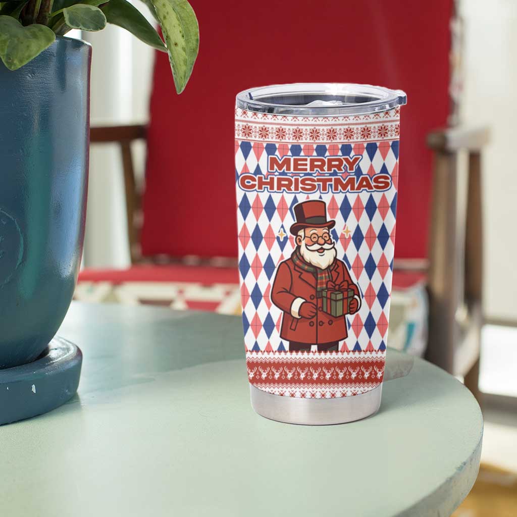 England Christmas Tumbler Cup with Red Blue White Diamond Pattern Santa and Coat of Arms - Wonder Print Shop