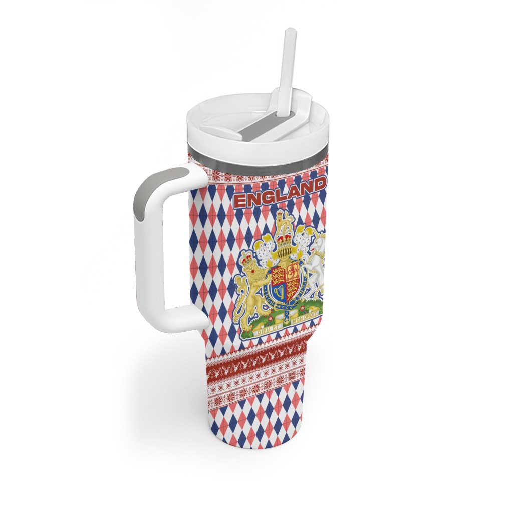England Christmas Tumbler With Handle with Red Blue White Diamond Pattern Santa and Coat of Arms - Wonder Print Shop