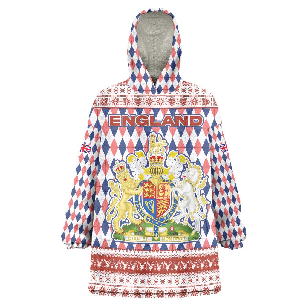 England Christmas Wearable Blanket Hoodie with Red Blue White Diamond Pattern Santa and Coat of Arms - Wonder Print Shop
