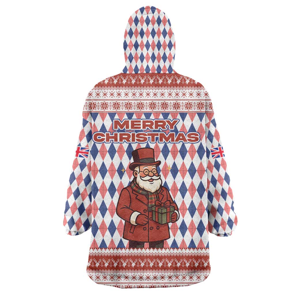 England Christmas Wearable Blanket Hoodie with Red Blue White Diamond Pattern Santa and Coat of Arms - Wonder Print Shop