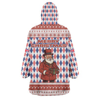 England Christmas Wearable Blanket Hoodie with Red Blue White Diamond Pattern Santa and Coat of Arms - Wonder Print Shop