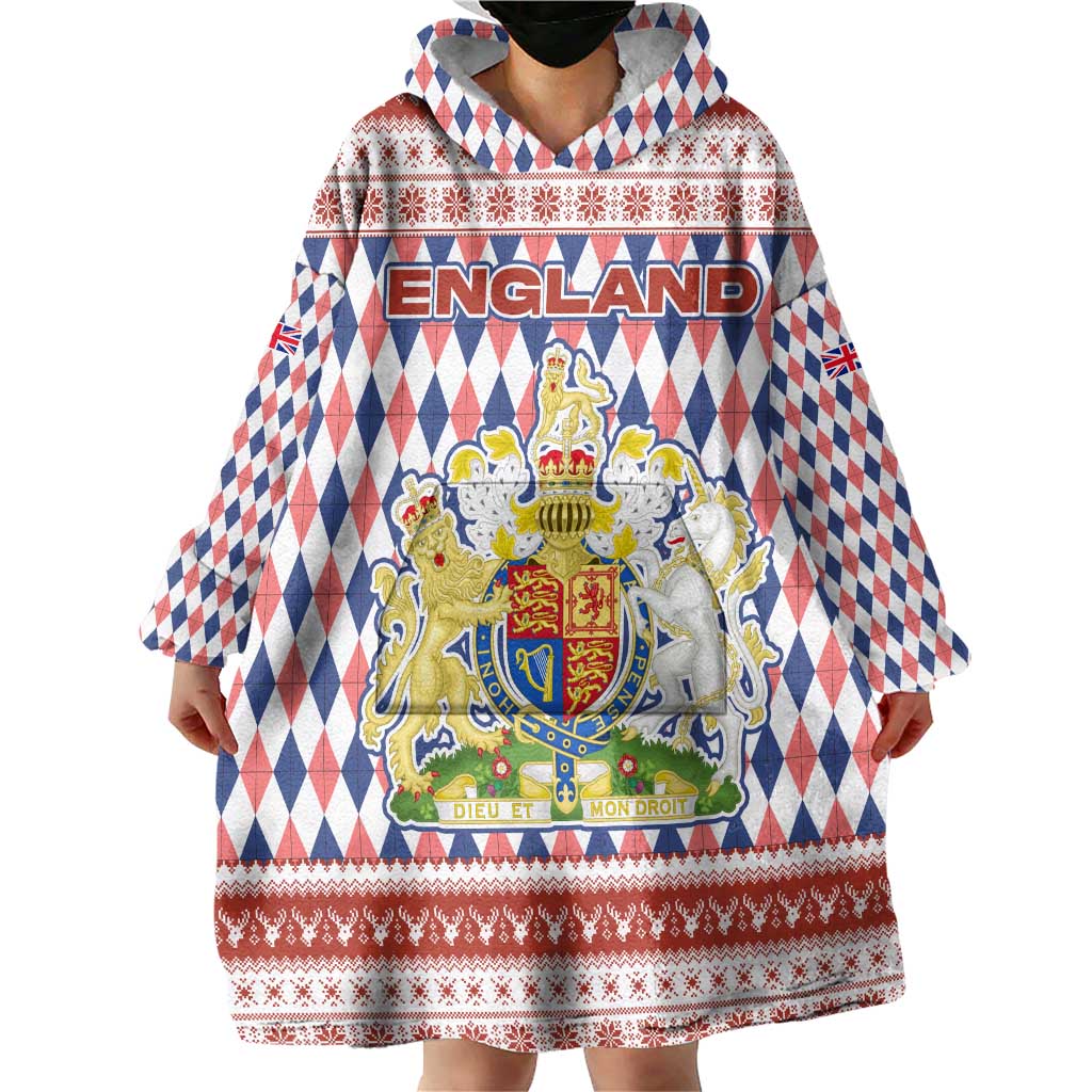 England Christmas Wearable Blanket Hoodie with Red Blue White Diamond Pattern Santa and Coat of Arms - Wonder Print Shop