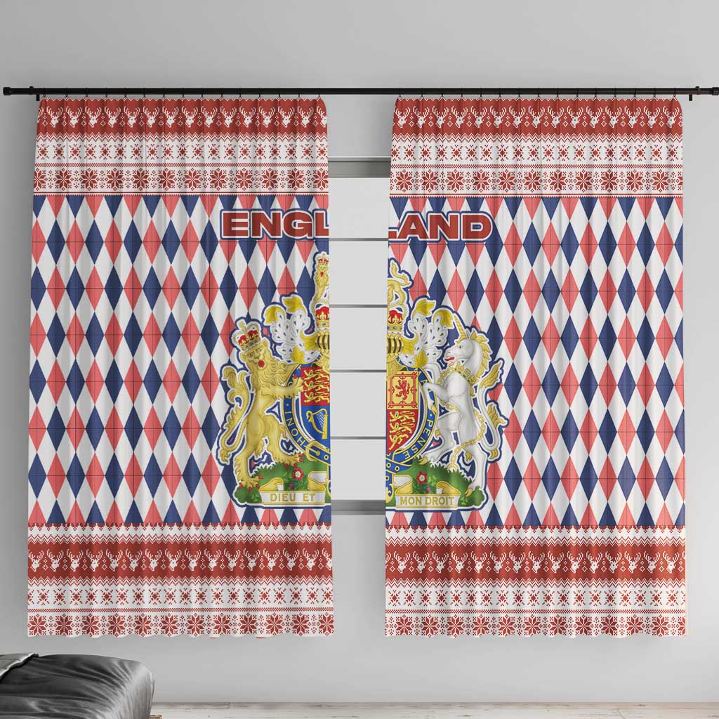 England Christmas Window Curtain with Red Blue White Diamond Pattern Santa and Coat of Arms - Wonder Print Shop
