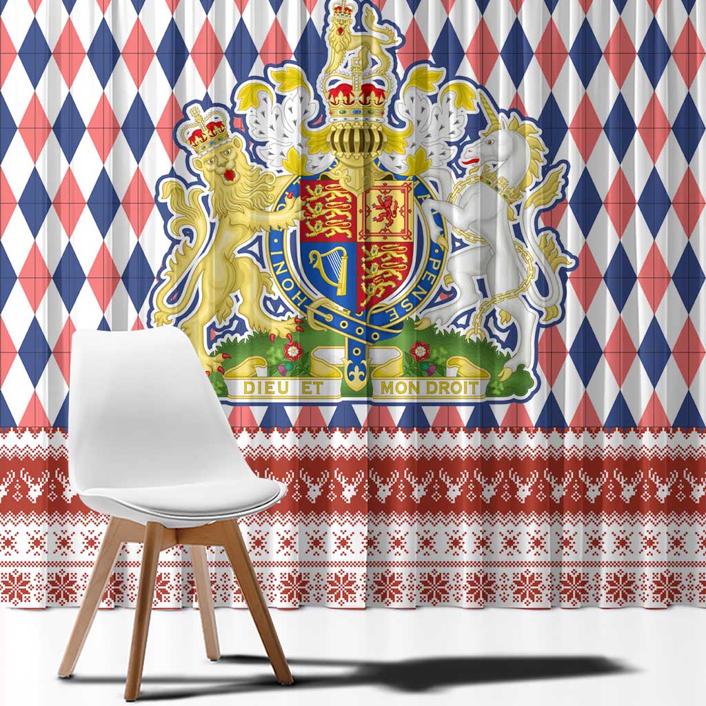 England Christmas Window Curtain with Red Blue White Diamond Pattern Santa and Coat of Arms - Wonder Print Shop