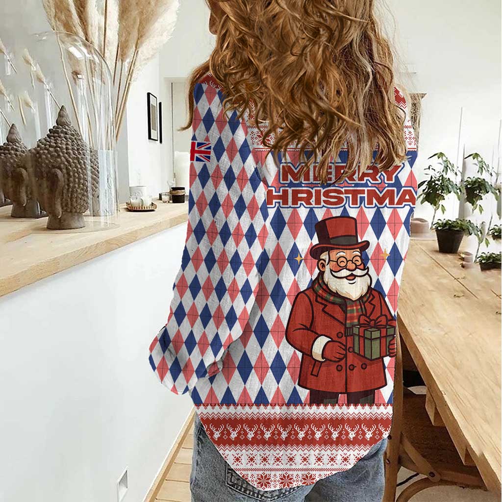 England Christmas Women Casual Shirt with Red Blue White Diamond Pattern Santa and Coat of Arms - Wonder Print Shop