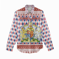 England Christmas Women Casual Shirt with Red Blue White Diamond Pattern Santa and Coat of Arms - Wonder Print Shop