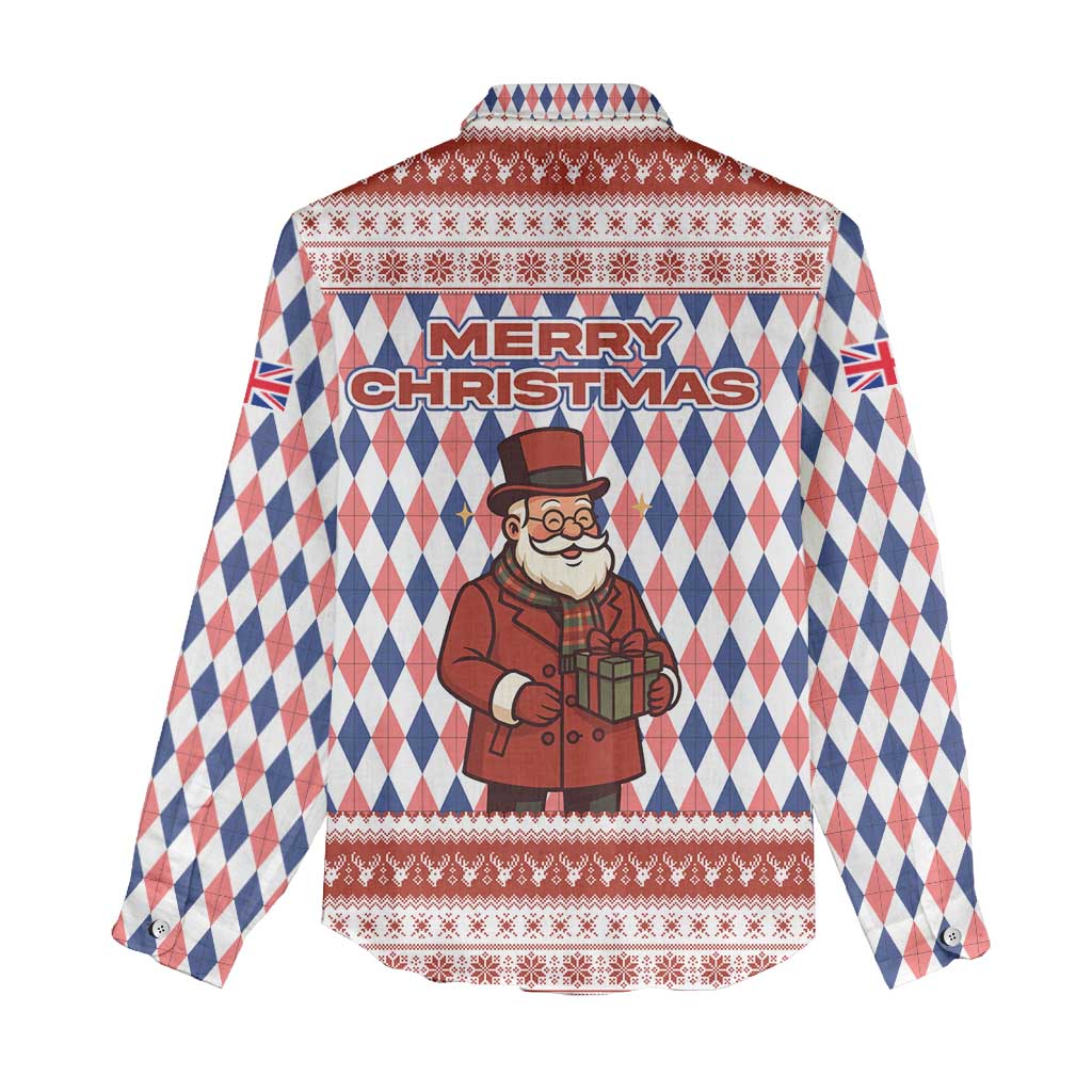 England Christmas Women Casual Shirt with Red Blue White Diamond Pattern Santa and Coat of Arms - Wonder Print Shop