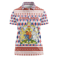 England Christmas Women Polo Shirt with Red Blue White Diamond Pattern Santa and Coat of Arms - Wonder Print Shop