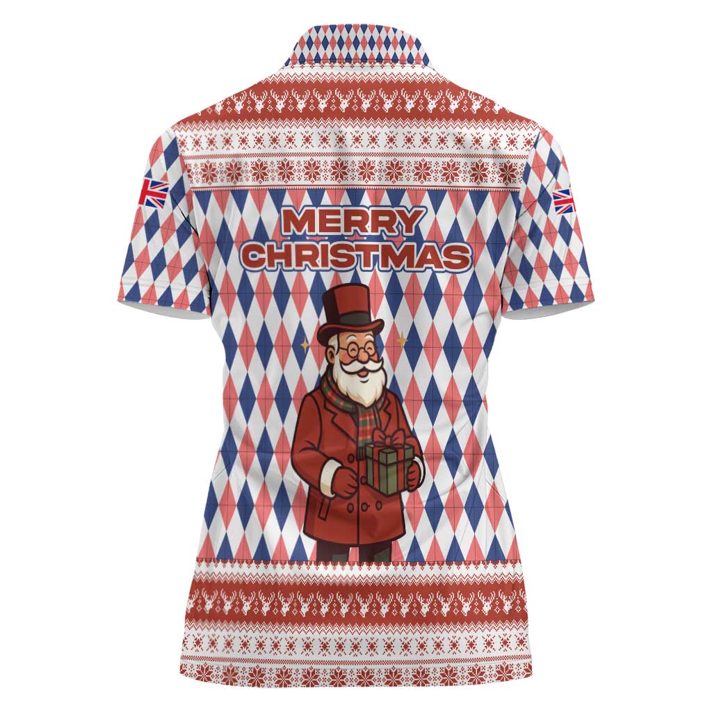 England Christmas Women Polo Shirt with Red Blue White Diamond Pattern Santa and Coat of Arms - Wonder Print Shop