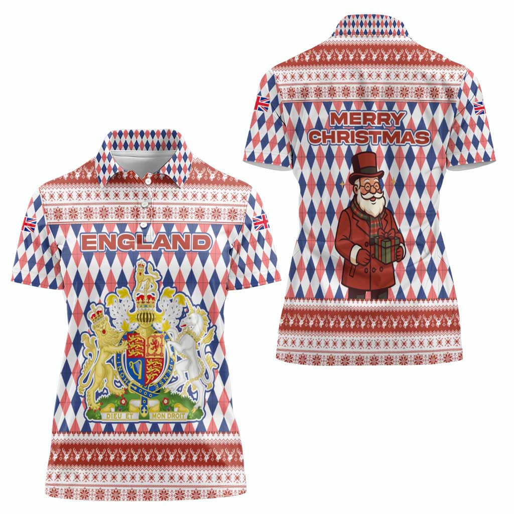 England Christmas Women Polo Shirt with Red Blue White Diamond Pattern Santa and Coat of Arms - Wonder Print Shop