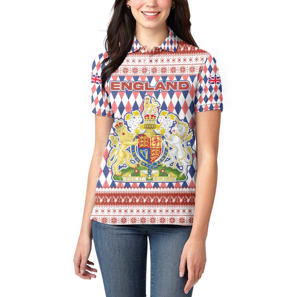 England Christmas Women Polo Shirt with Red Blue White Diamond Pattern Santa and Coat of Arms - Wonder Print Shop