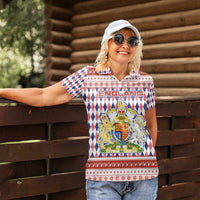 England Christmas Women Polo Shirt with Red Blue White Diamond Pattern Santa and Coat of Arms - Wonder Print Shop