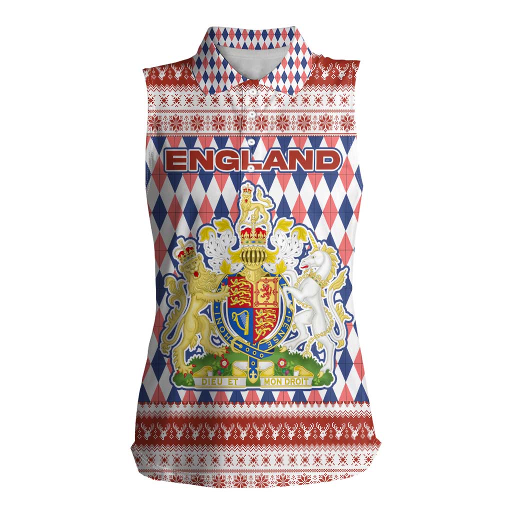 England Christmas Women Sleeveless Polo Shirt with Red Blue White Diamond Pattern Santa and Coat of Arms - Wonder Print Shop