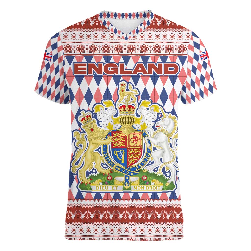 England Christmas Women V-Neck T-Shirt with Red Blue White Diamond Pattern Santa and Coat of Arms - Wonder Print Shop