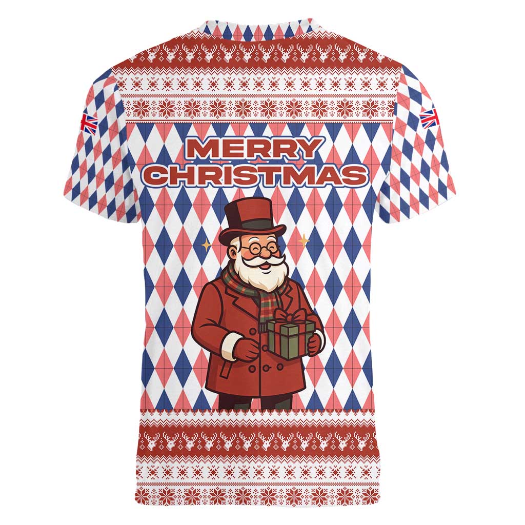 England Christmas Women V-Neck T-Shirt with Red Blue White Diamond Pattern Santa and Coat of Arms - Wonder Print Shop