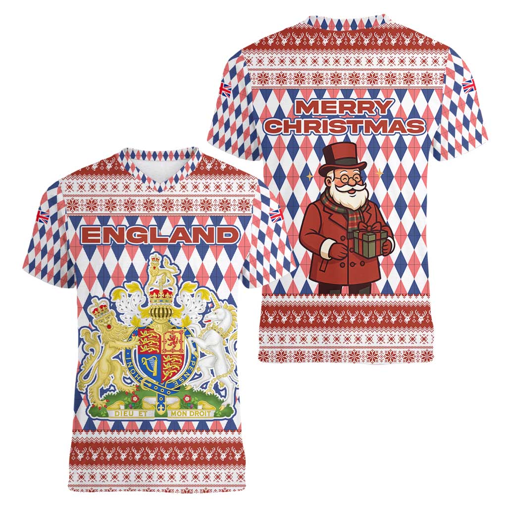 England Christmas Women V-Neck T-Shirt with Red Blue White Diamond Pattern Santa and Coat of Arms - Wonder Print Shop
