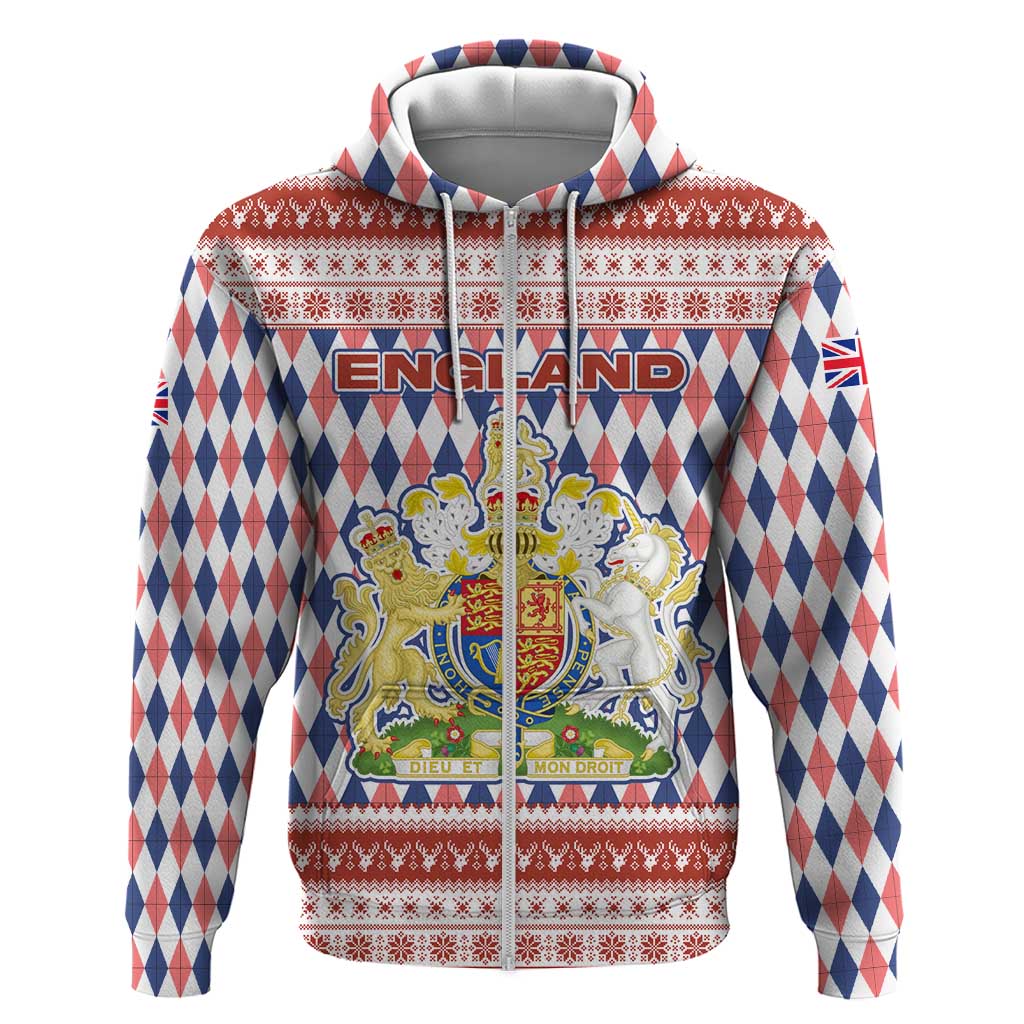 England Christmas Zip Hoodie with Red Blue White Diamond Pattern Santa and Coat of Arms - Wonder Print Shop
