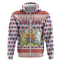 England Christmas Zip Hoodie with Red Blue White Diamond Pattern Santa and Coat of Arms - Wonder Print Shop