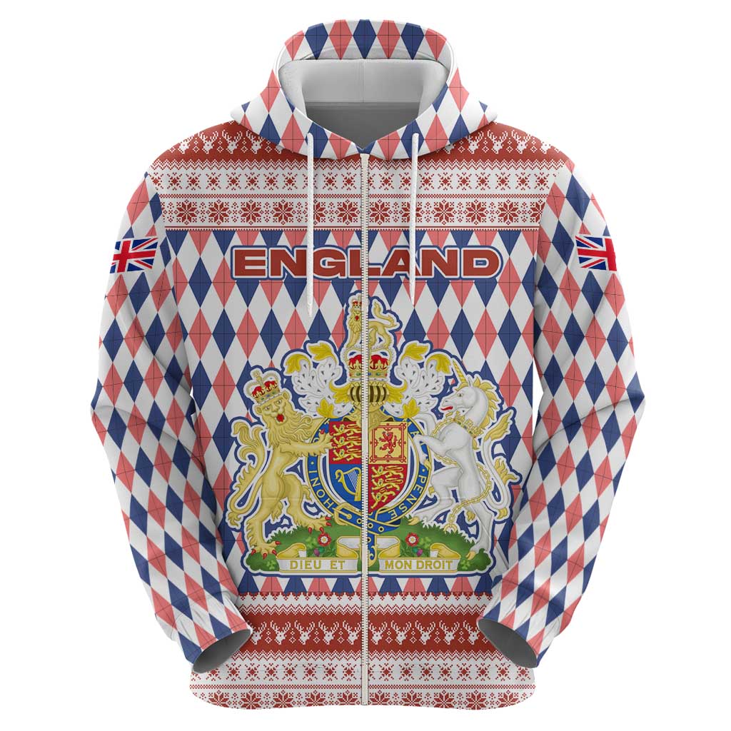 England Christmas Zip Hoodie with Red Blue White Diamond Pattern Santa and Coat of Arms - Wonder Print Shop