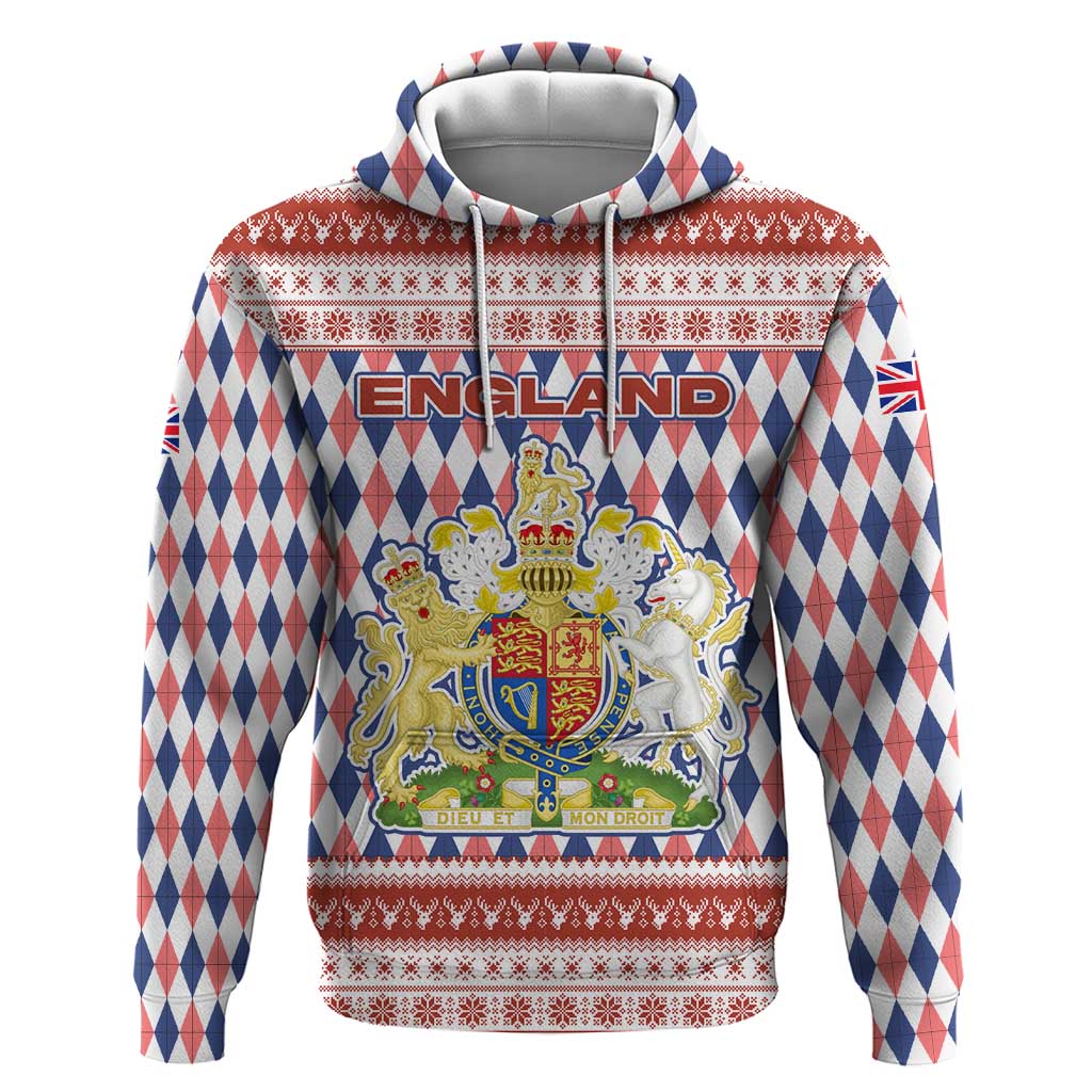 England Christmas Zip Hoodie with Red Blue White Diamond Pattern Santa and Coat of Arms - Wonder Print Shop