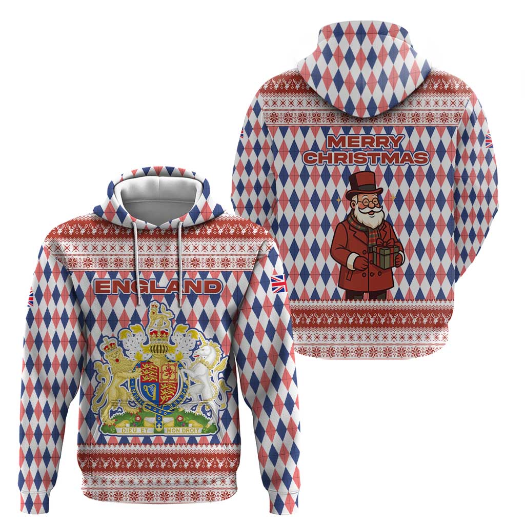 England Christmas Zip Hoodie with Red Blue White Diamond Pattern Santa and Coat of Arms - Wonder Print Shop