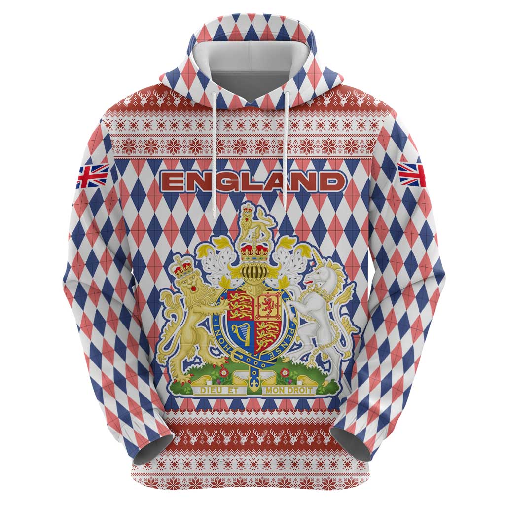 England Christmas Zip Hoodie with Red Blue White Diamond Pattern Santa and Coat of Arms - Wonder Print Shop
