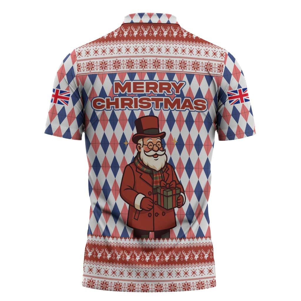 England Christmas Zipper Polo Shirt with Red Blue White Diamond Pattern Santa and Coat of Arms - Wonder Print Shop