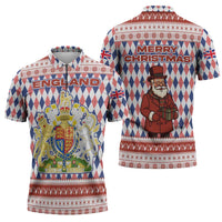 England Christmas Zipper Polo Shirt with Red Blue White Diamond Pattern Santa and Coat of Arms - Wonder Print Shop