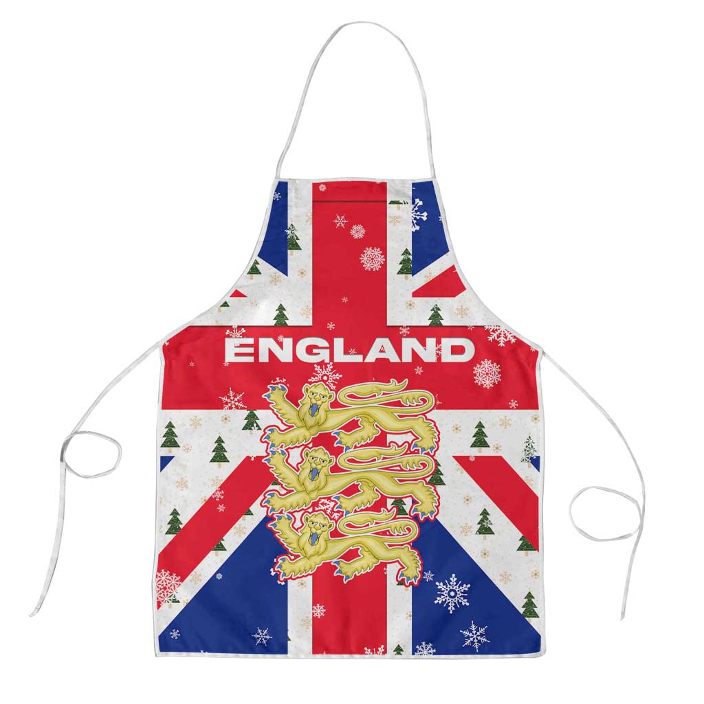England Christmas Apron with Red White Blue Santa Bus Tree and Three Lions Design - Wonder Print Shop
