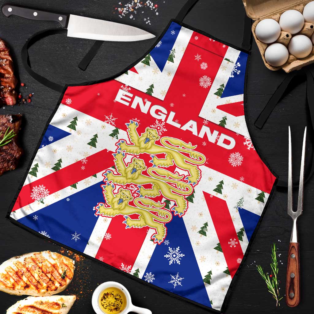 England Christmas Apron with Red White Blue Santa Bus Tree and Three Lions Design - Wonder Print Shop