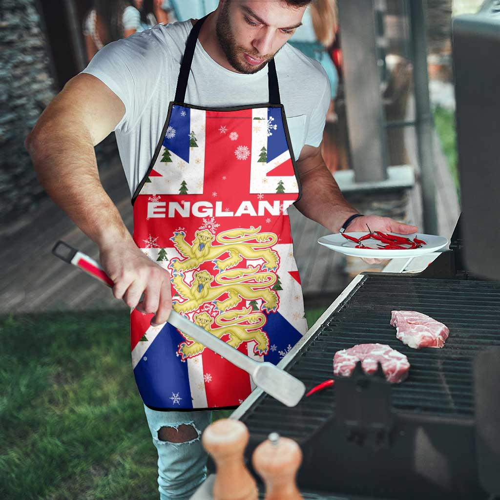 England Christmas Apron with Red White Blue Santa Bus Tree and Three Lions Design - Wonder Print Shop
