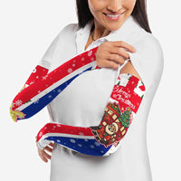 England Christmas Arm Sleeves with Red White Blue Santa Bus Tree and Three Lions Design - Wonder Print Shop