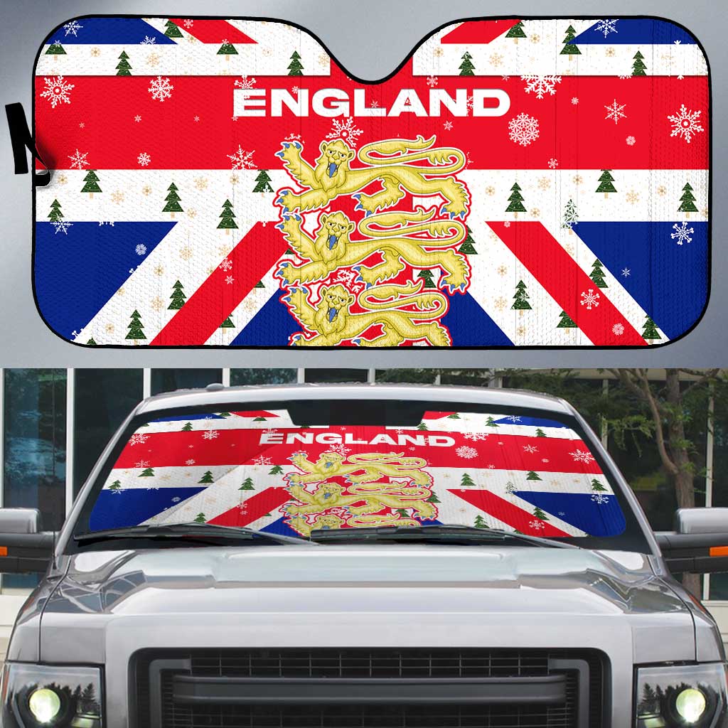 England Christmas Auto Sun Shade with Red White Blue Santa Bus Tree and Three Lions Design - Wonder Print Shop