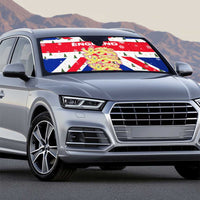 England Christmas Auto Sun Shade with Red White Blue Santa Bus Tree and Three Lions Design - Wonder Print Shop