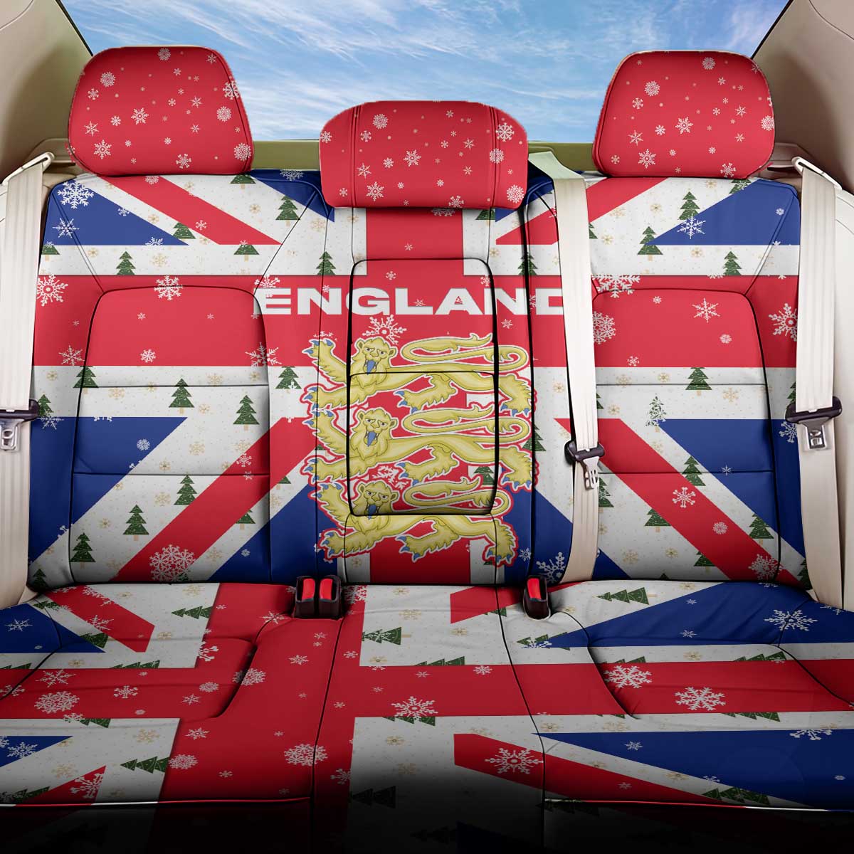 England Christmas Back Car Seat Cover with Red White Blue Santa Bus Tree and Three Lions Design - Wonder Print Shop