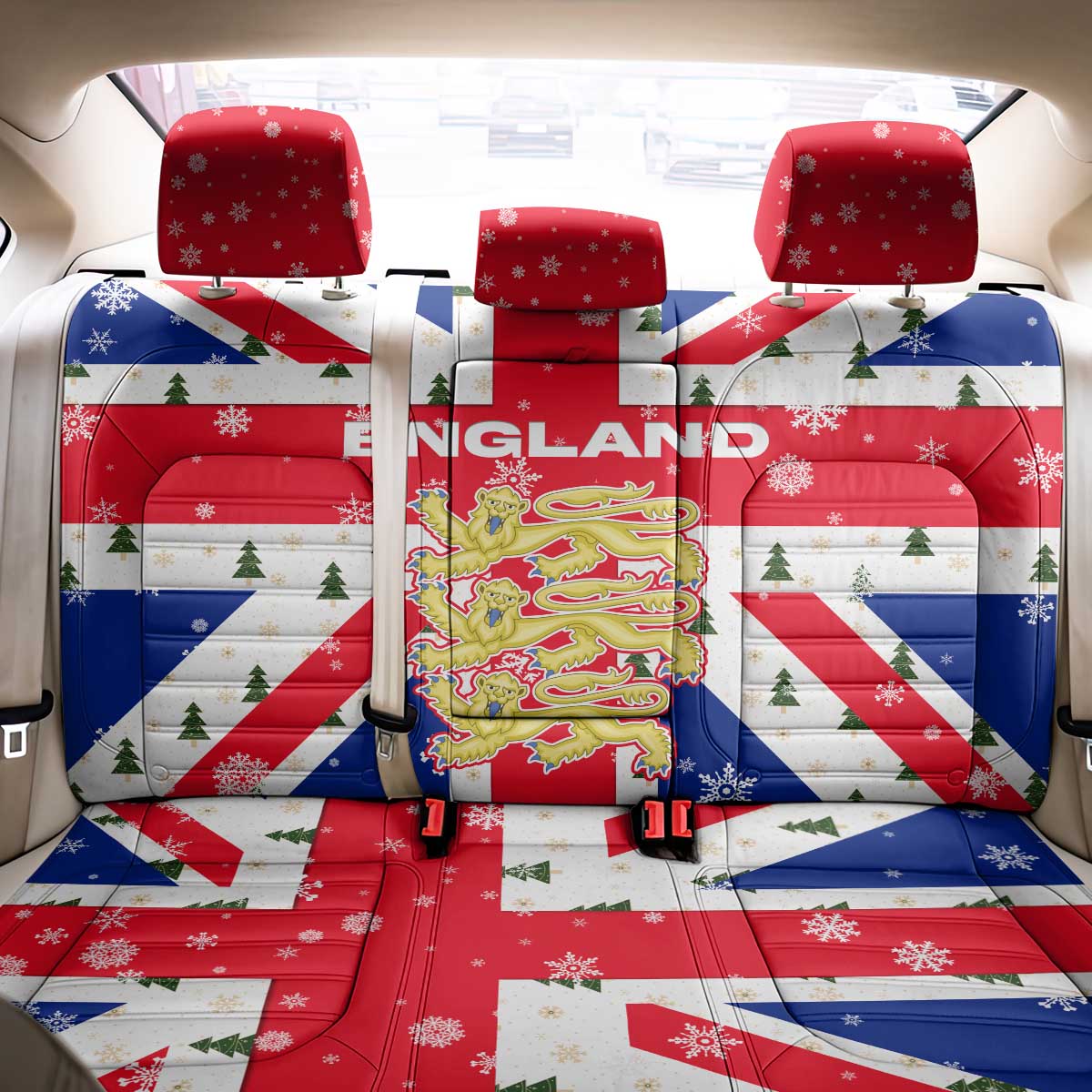 England Christmas Back Car Seat Cover with Red White Blue Santa Bus Tree and Three Lions Design - Wonder Print Shop