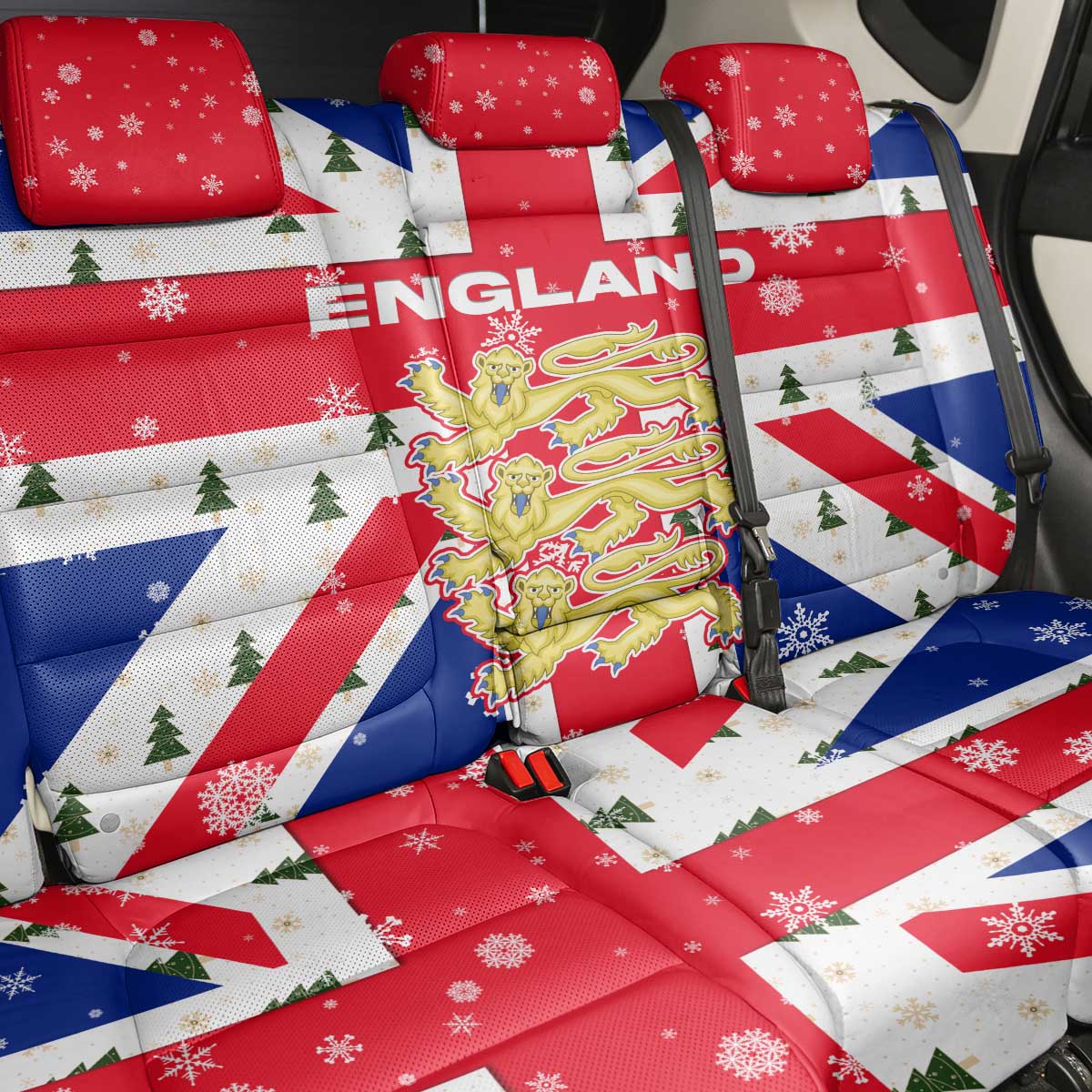 England Christmas Back Car Seat Cover with Red White Blue Santa Bus Tree and Three Lions Design - Wonder Print Shop